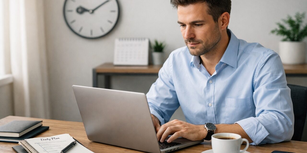 Professional using productivity techniques with laptop and organized workspace