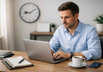Professional using productivity techniques with laptop and organized workspace