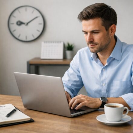 Professional using productivity techniques with laptop and organized workspace
