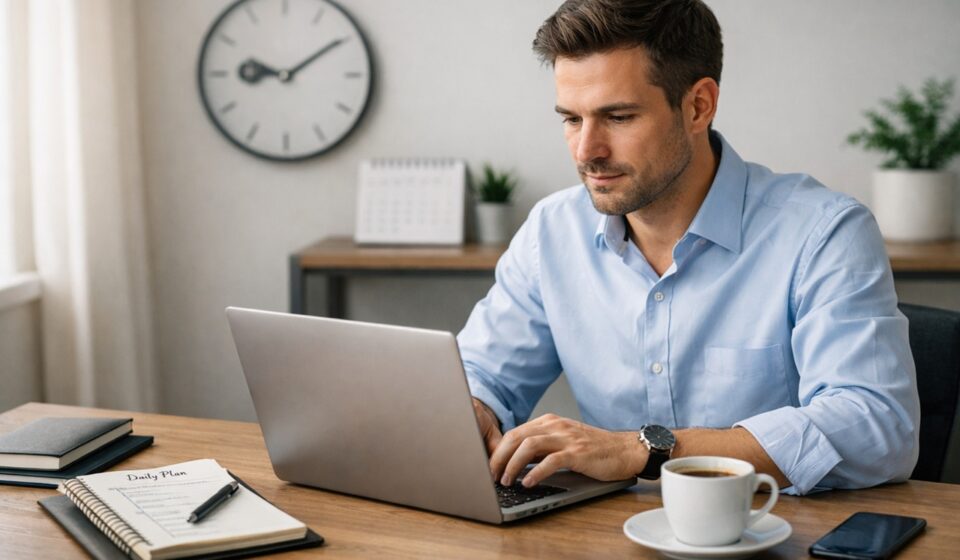 Professional using productivity techniques with laptop and organized workspace