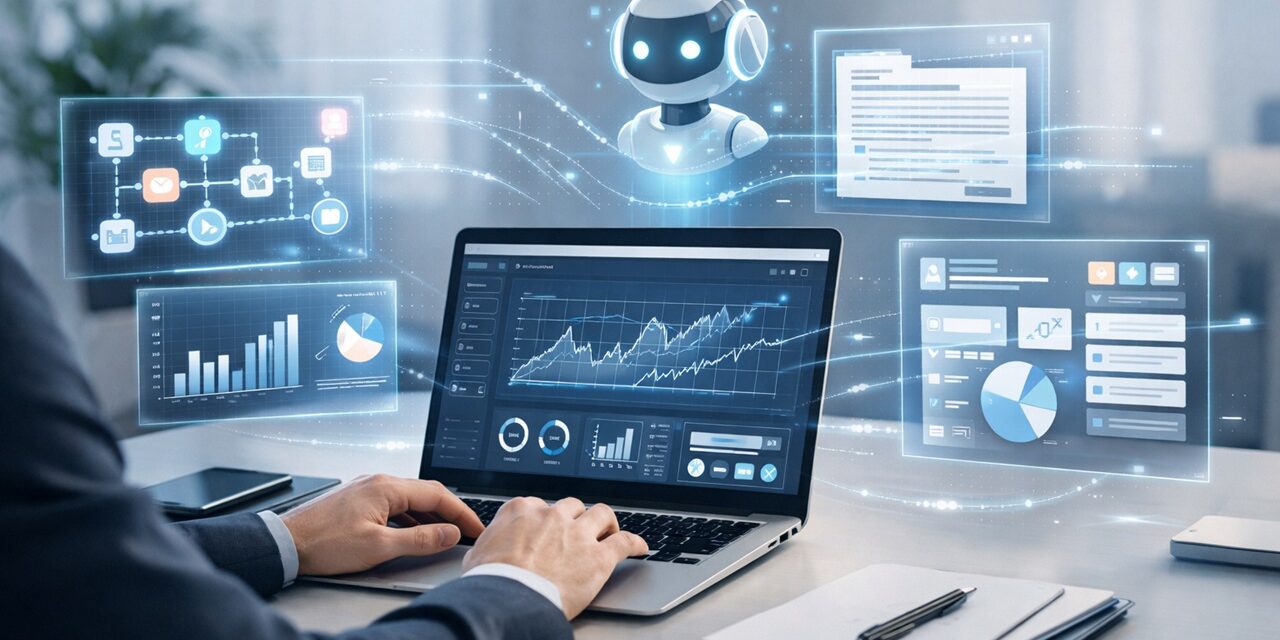 Professional using AI tools for business productivity on a modern digital workspace