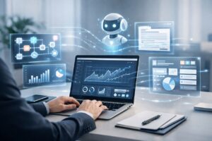 Professional using AI tools for business productivity on a modern digital workspace