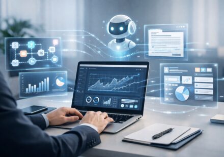 Professional using AI tools for business productivity on a modern digital workspace