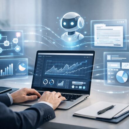 Professional using AI tools for business productivity on a modern digital workspace