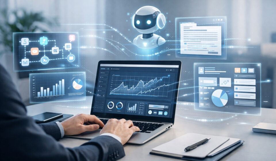 Professional using AI tools for business productivity on a modern digital workspace