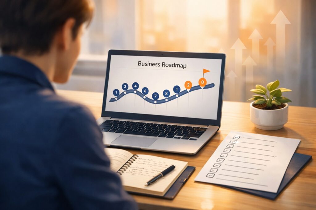 Professional planning online business launch at modern desk with laptop, roadmap checklist, and growth visuals for building profitable digital venture