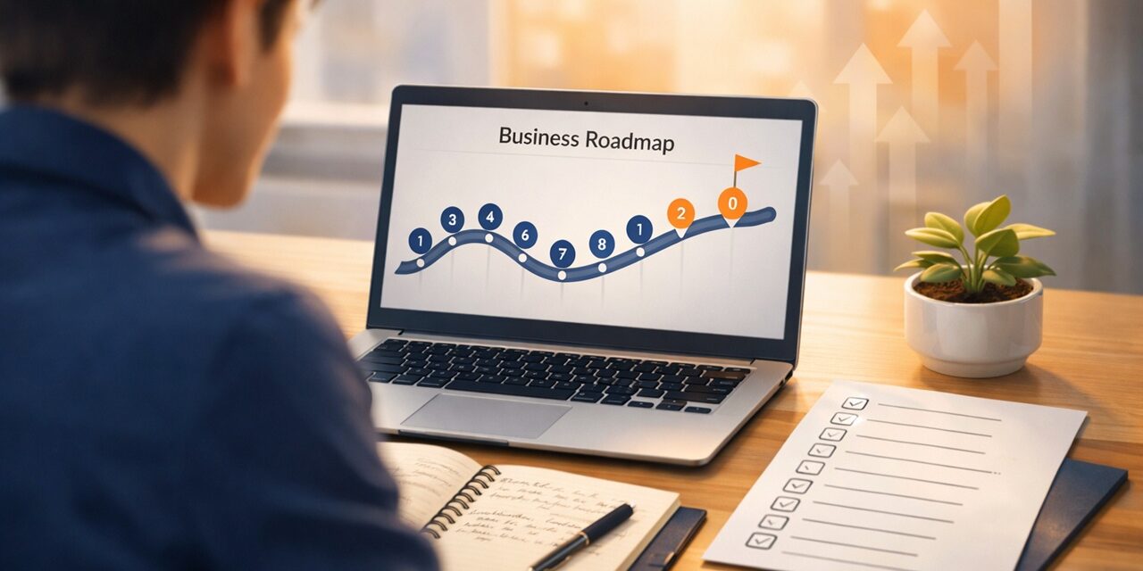 Professional planning online business launch at modern desk with laptop, roadmap checklist, and growth visuals for building profitable digital venture