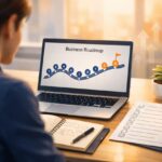 Professional planning online business launch at modern desk with laptop, roadmap checklist, and growth visuals for building profitable digital venture