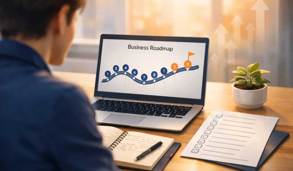 Professional planning online business launch at modern desk with laptop, roadmap checklist, and growth visuals for building profitable digital venture