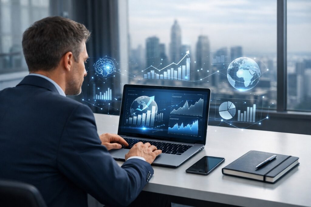 Business professional analyzing business trends