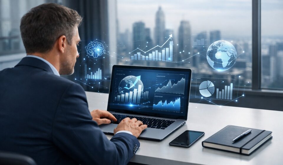 Business professional analyzing business trends