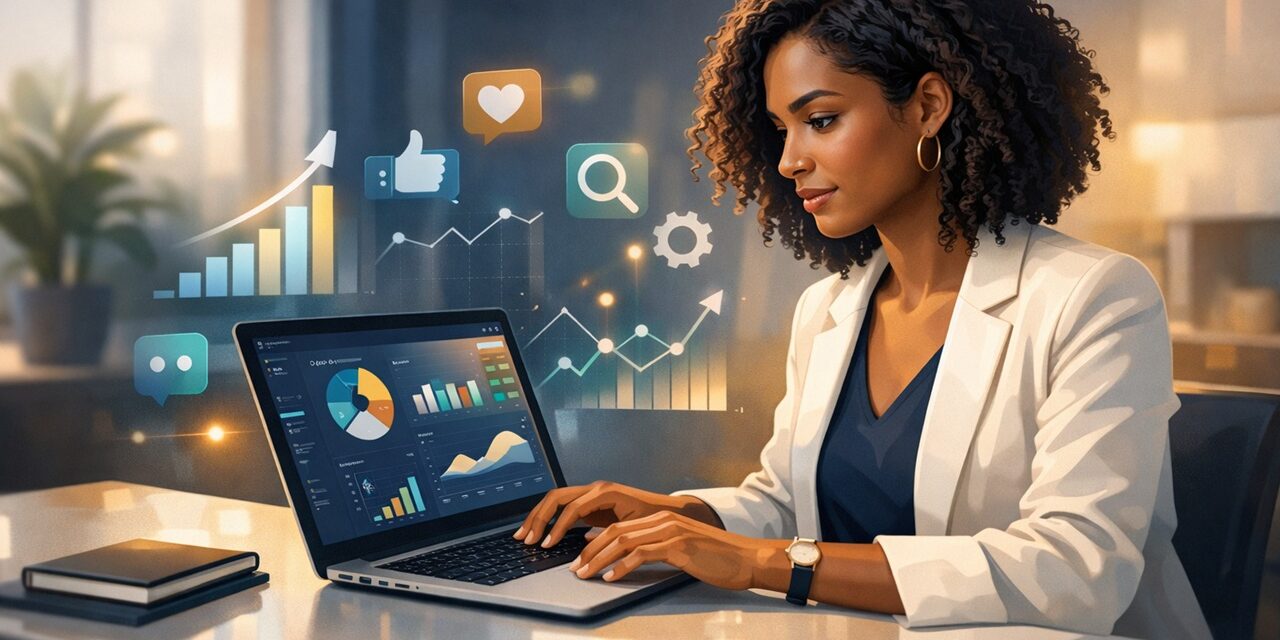 Modern digital marketing strategy concept with analytics dashboard and marketing channels