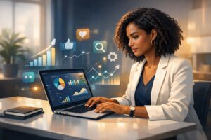 Modern digital marketing strategy concept with analytics dashboard and marketing channels