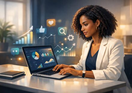 Modern digital marketing strategy concept with analytics dashboard and marketing channels