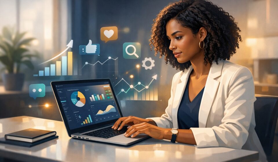 Modern digital marketing strategy concept with analytics dashboard and marketing channels