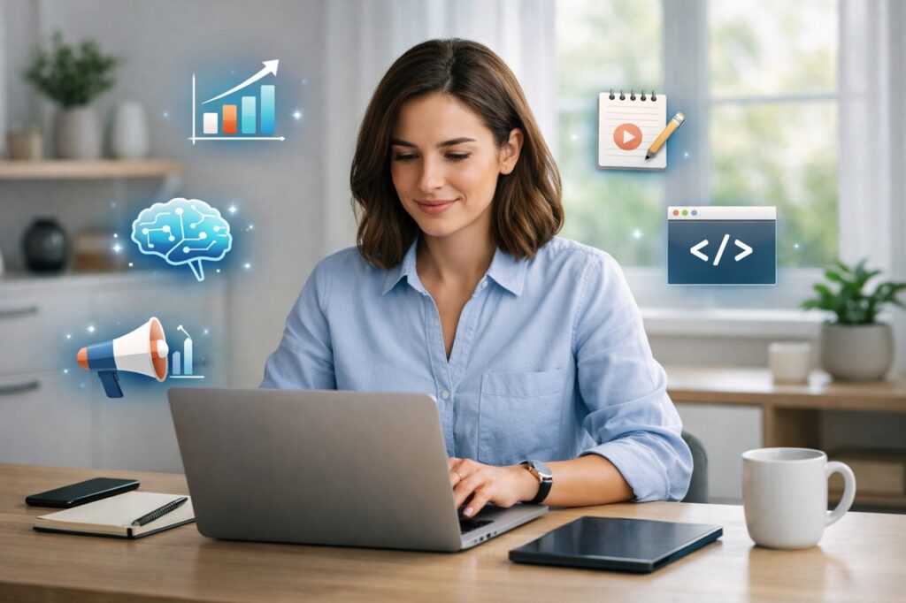 Professional learning digital skills on laptop to boost income