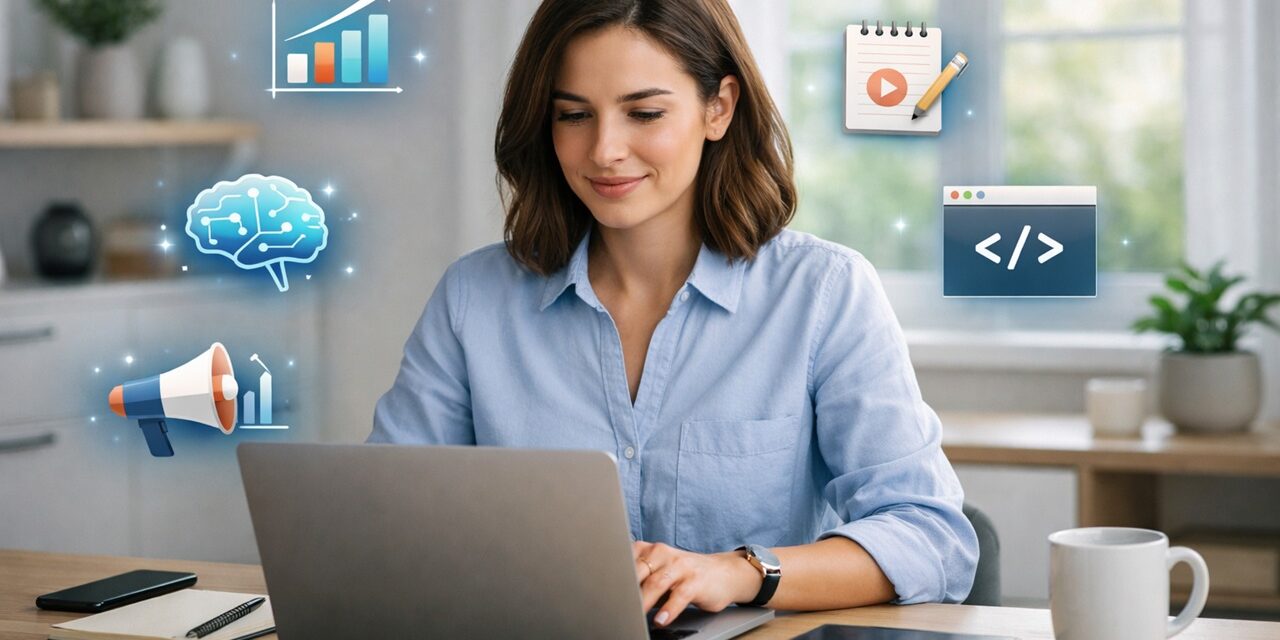 Professional learning digital skills on laptop to boost income