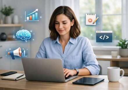 Professional learning digital skills on laptop to boost income