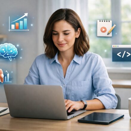 Professional learning digital skills on laptop to boost income