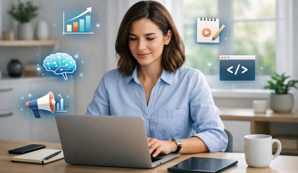 Professional learning digital skills on laptop to boost income