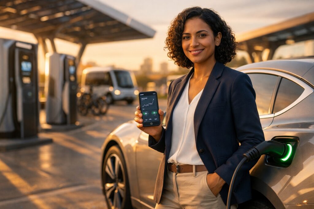 Electric vehicles charging at modern station, trends and sustainable mobility by 2030