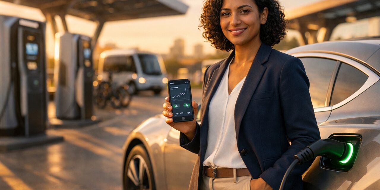 Electric vehicles charging at modern station, trends and sustainable mobility by 2030