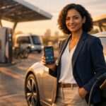Electric vehicles charging at modern station, trends and sustainable mobility by 2030