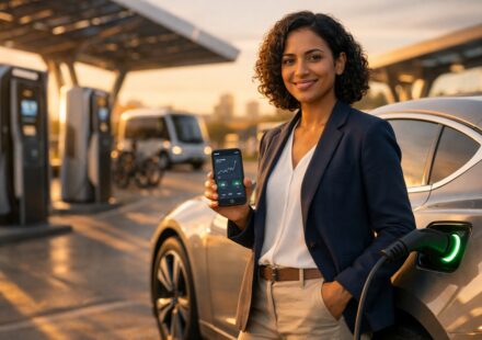 Electric vehicles charging at modern station, trends and sustainable mobility by 2030