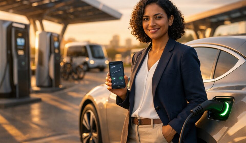 Electric vehicles charging at modern station, trends and sustainable mobility by 2030