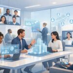 Modern workplace showing remote teams, digital tools, and future work environment