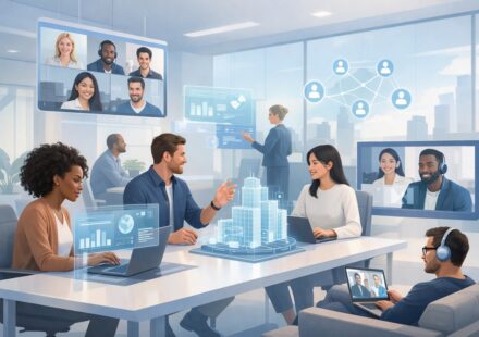 Modern workplace showing remote teams, digital tools, and future work environment