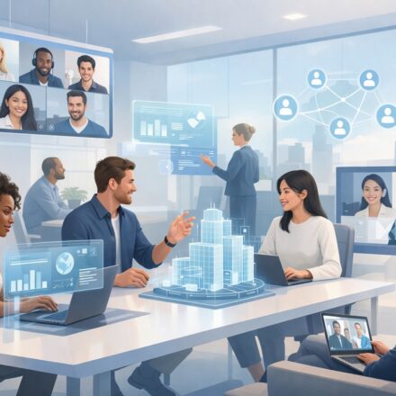 Modern workplace showing remote teams, digital tools, and future work environment