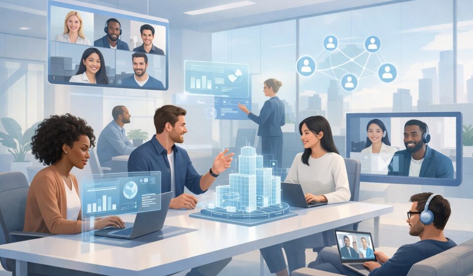 Modern workplace showing remote teams, digital tools, and future work environment