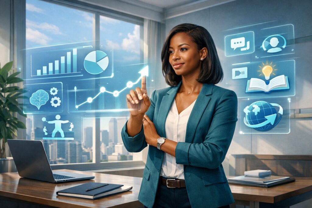 Conceptual illustration showing career evolution with seven glowing skill icons representing future-proof career abilities for professional growth and adaptability