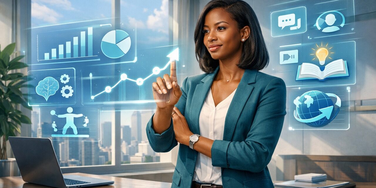 Conceptual illustration showing career evolution with seven glowing skill icons representing future-proof career abilities for professional growth and adaptability