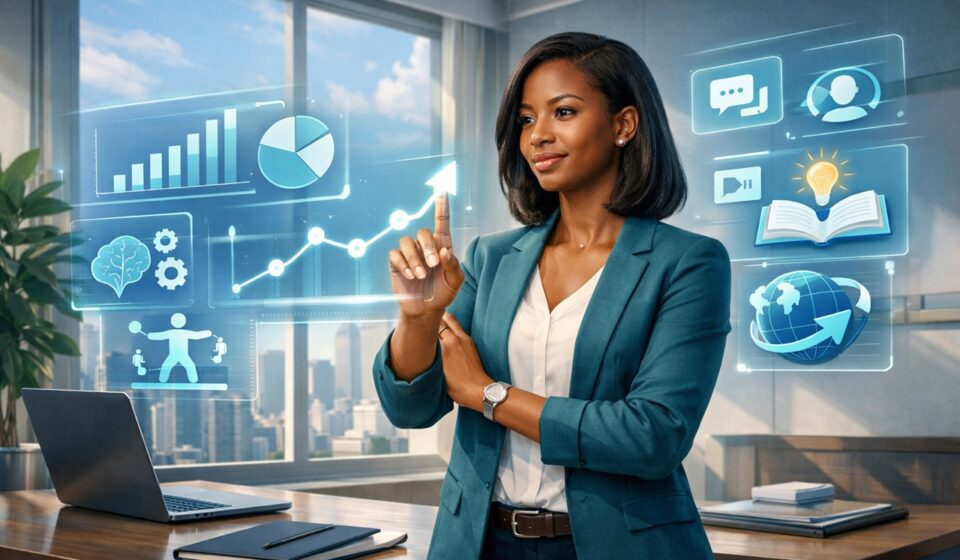 Conceptual illustration showing career evolution with seven glowing skill icons representing future-proof career abilities for professional growth and adaptability