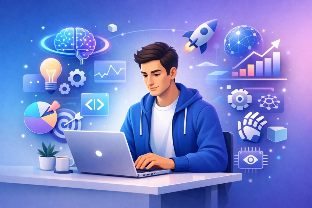 High demand skills for future career growth showing digital learning and professional development concept