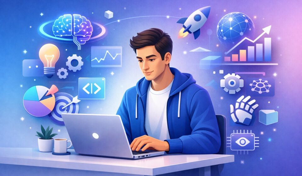 High demand skills for future career growth showing digital learning and professional development concept