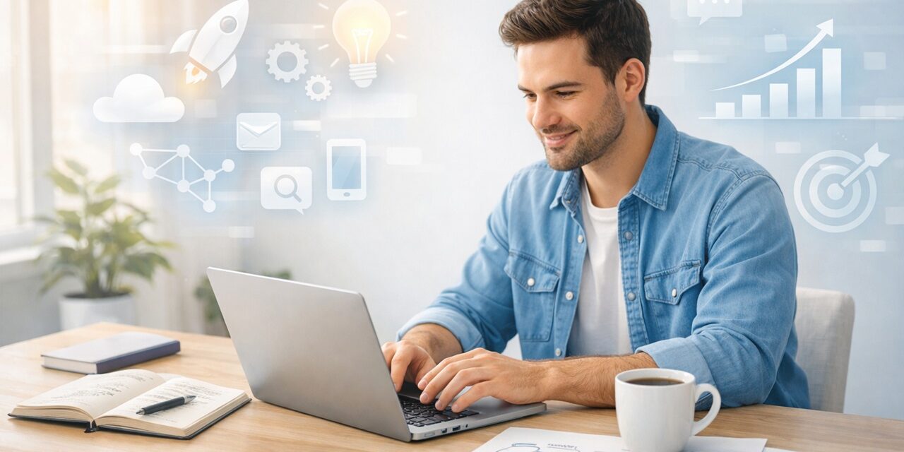 Entrepreneur planning how to start a business using a laptop and notes