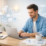 Entrepreneur planning how to start a business using a laptop and notes