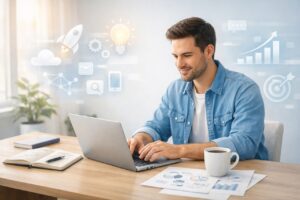 Entrepreneur planning how to start a business using a laptop and notes