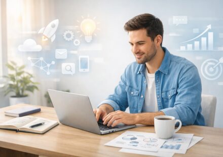 Entrepreneur planning how to start a business using a laptop and notes