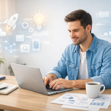 Entrepreneur planning how to start a business using a laptop and notes