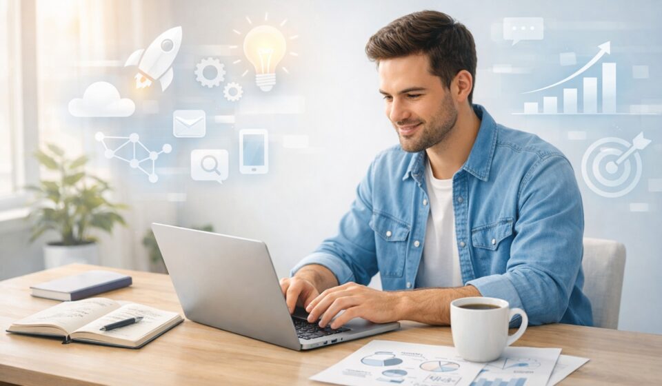 Entrepreneur planning how to start a business using a laptop and notes