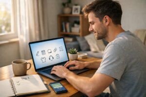 Beginner earning money online at laptop with free tools and simple strategies for digital income growth