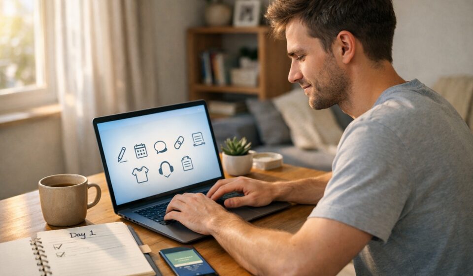 Beginner earning money online at laptop with free tools and simple strategies for digital income growth