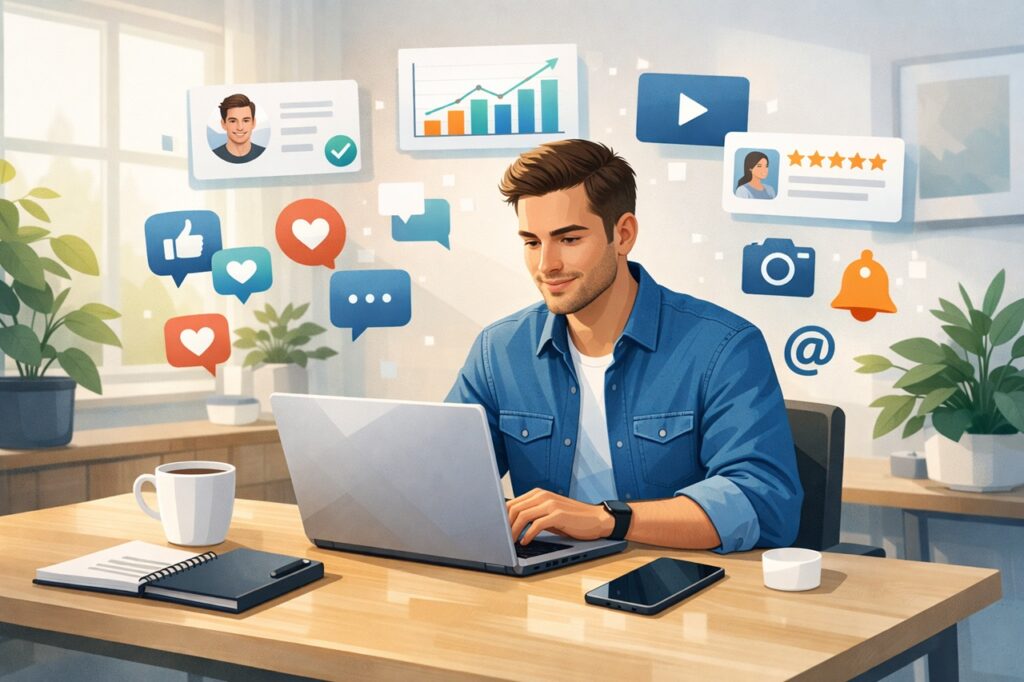 Entrepreneur building a personal brand online using laptop and social media strategy