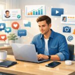 Entrepreneur building a personal brand online using laptop and social media strategy