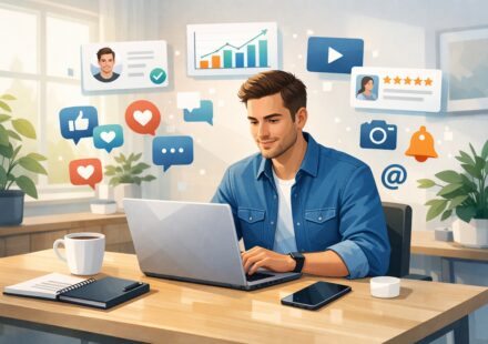 Entrepreneur building a personal brand online using laptop and social media strategy