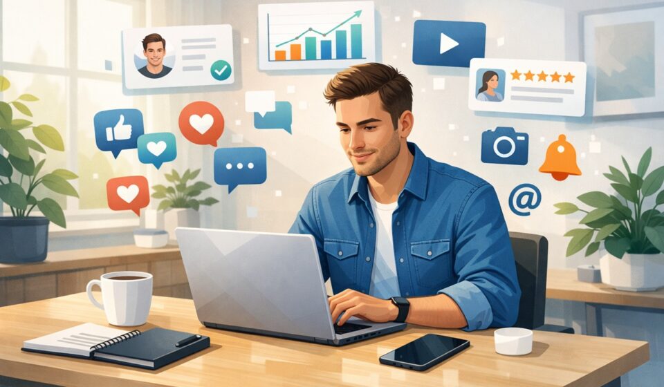 Entrepreneur building a personal brand online using laptop and social media strategy